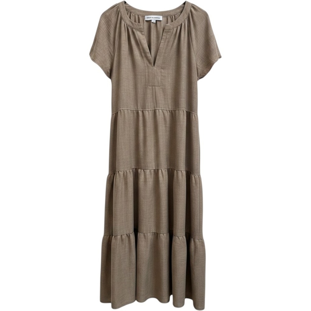 Emma & Michele Beige tan Tiered Maxi Dress Short Sleeve 3X lagenlook earthy boho